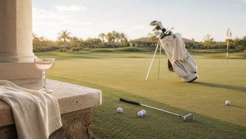 Golden hour on the green. A coupe glass on a stone ledge, a cream stand bag on the practice green, a putter and balls on the fairway.