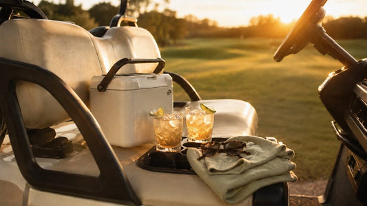 A golf cart at sunset. Two crystal old-fashioned glasses with whiskey and lime garnish on the cart drink tray, a small white cooler box on the seat, tortoise sunglasses folded on a sage sweater. Golden hour light streaming in from the right.