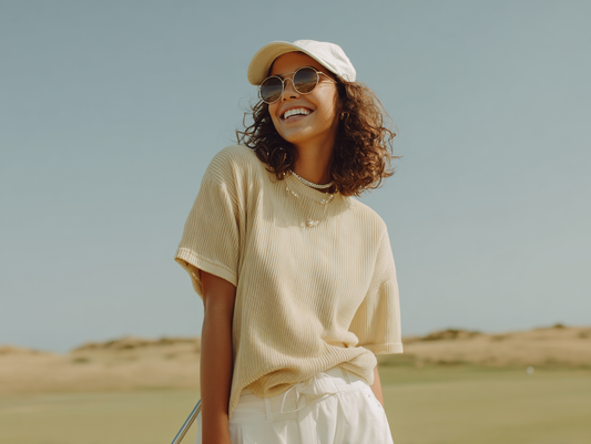 The Hat in ecru worn on golf course — womens golf hat lifestyle shot | Nineteenth Society