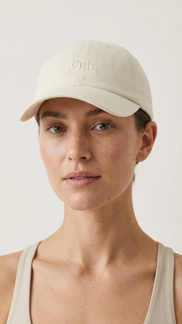 The Hat in ecru tonal with 19th embroidery — womens golf hat front view | Nineteenth Society