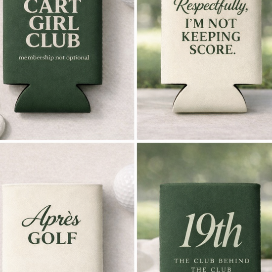 Four golf-themed can coolers with humorous text on a neutral background.