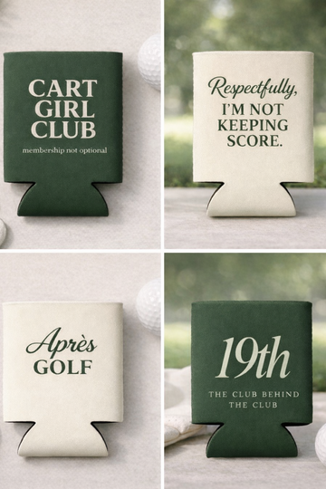 Four golf-themed can coolers with humorous text on a neutral background.