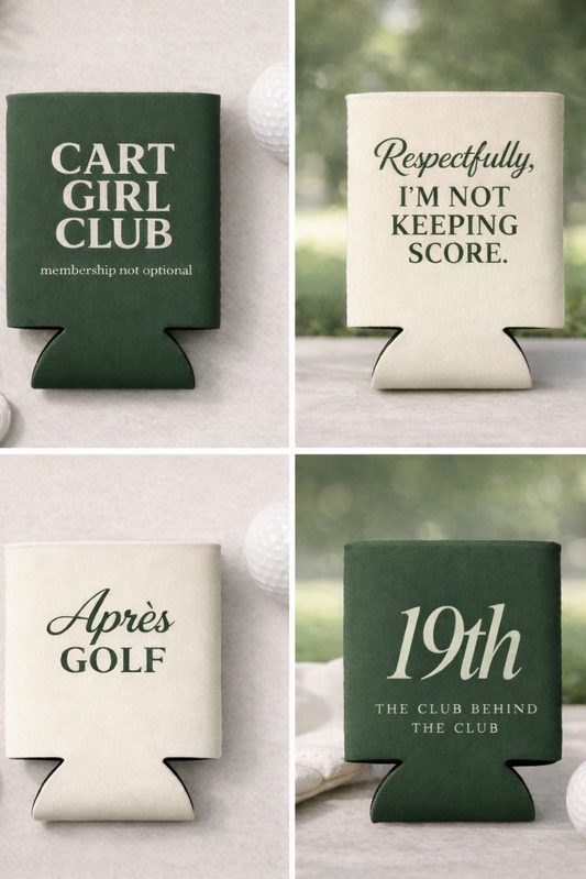 Four golf-themed can coolers with humorous text on a neutral background.