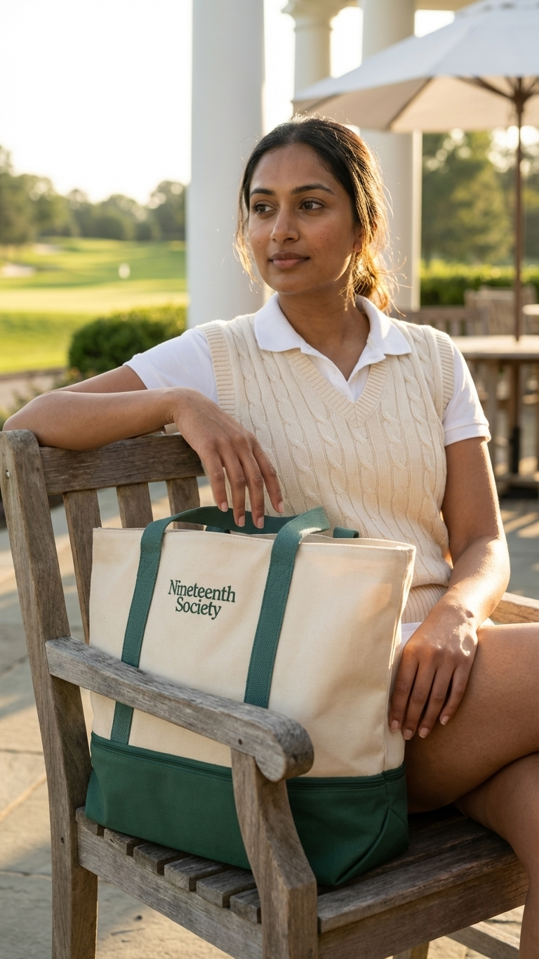 The Round Bag carried by woman at golf course — womens golf lifestyle bag | Nineteenth Society
