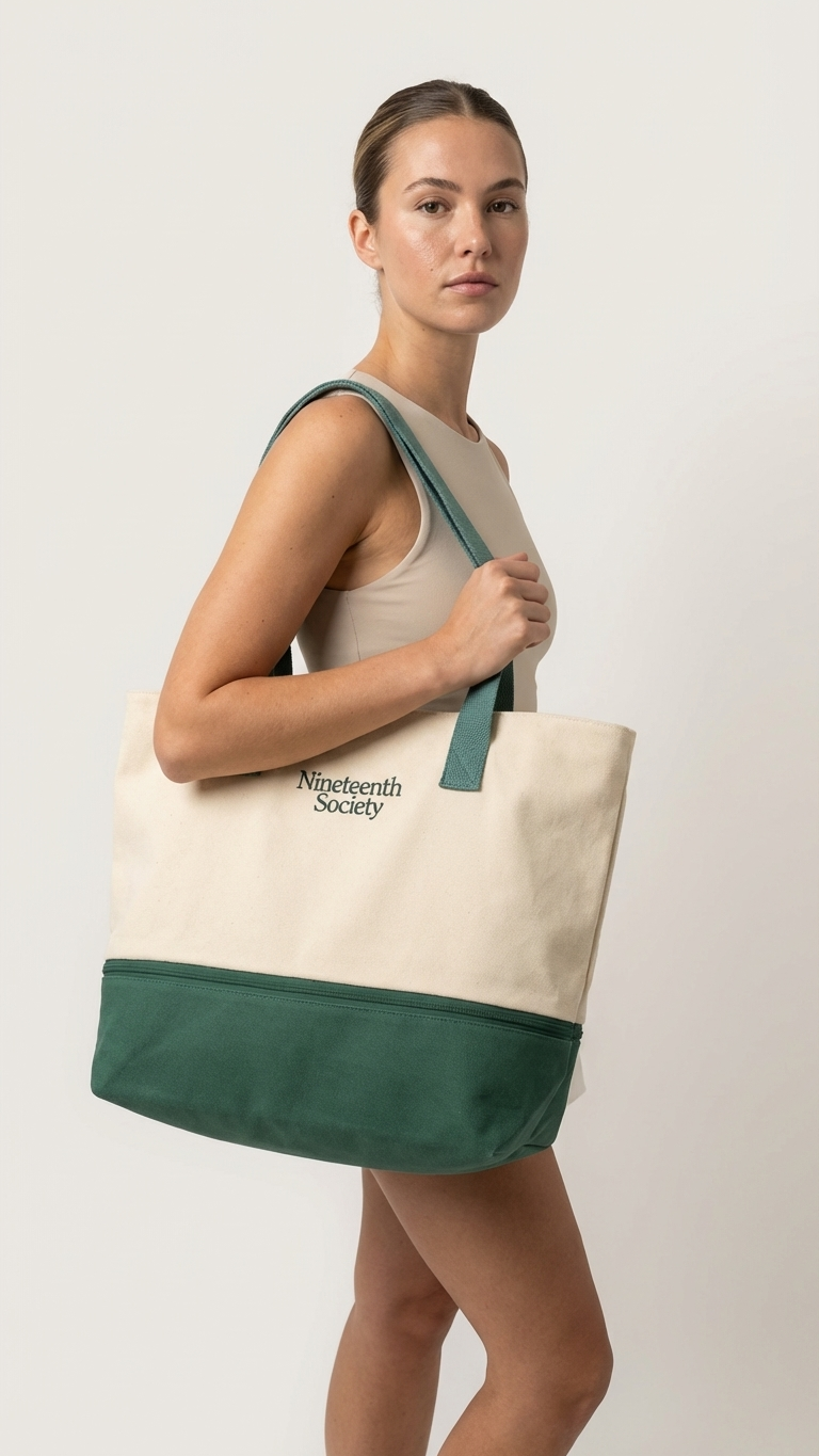 The Round Bag worn on shoulder — ecru canvas tote with forest green cooler base | Nineteenth Society