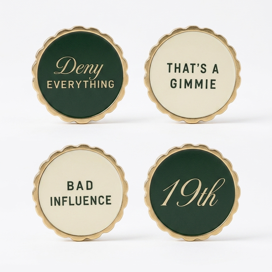 Four scalloped enamel ball markers — Deny Everything, That's a Gimmie, Bad Influence, 19th — gold hardware, Heritage Green and cream enamel