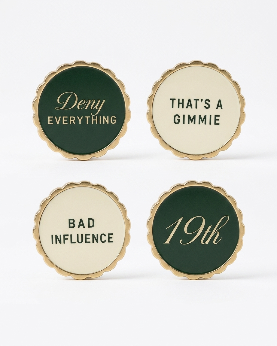 Four scalloped enamel ball markers — Deny Everything, That's a Gimmie, Bad Influence, 19th — gold hardware, Heritage Green and cream enamel