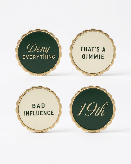 Four scalloped enamel ball markers — Deny Everything, That's a Gimmie, Bad Influence, 19th — gold hardware, Heritage Green and cream enamel